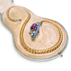 Antique 19k Yellow Gold Rhodolite, Diamond & Enamel Serpentine Necklace
