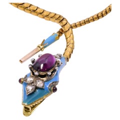 Antique 19k Yellow Gold Rhodolite, Diamond & Enamel Serpentine Necklace