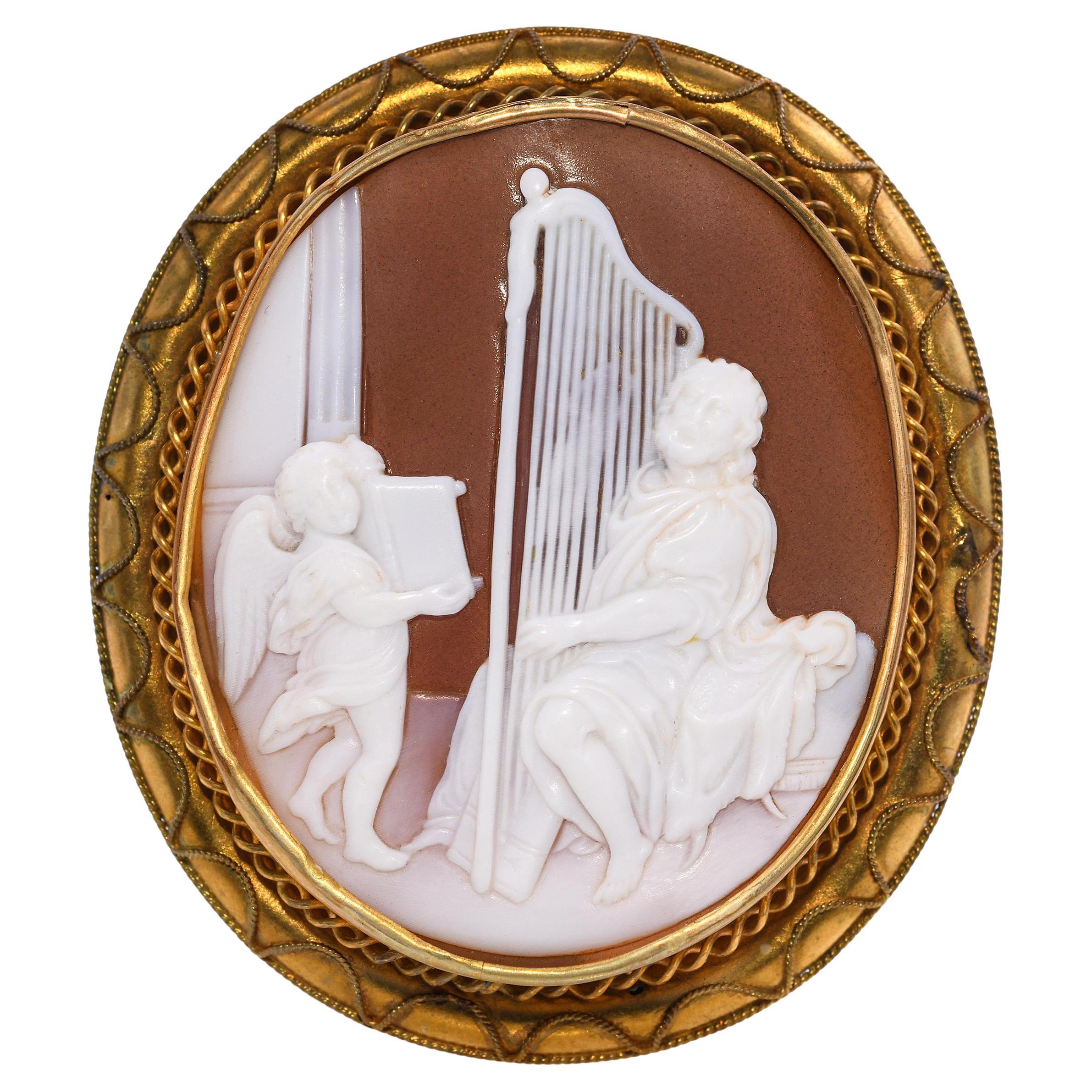 Antique 19k Yellow Gold Saul Playing Harp With Cupid Shell Cameo Brooch