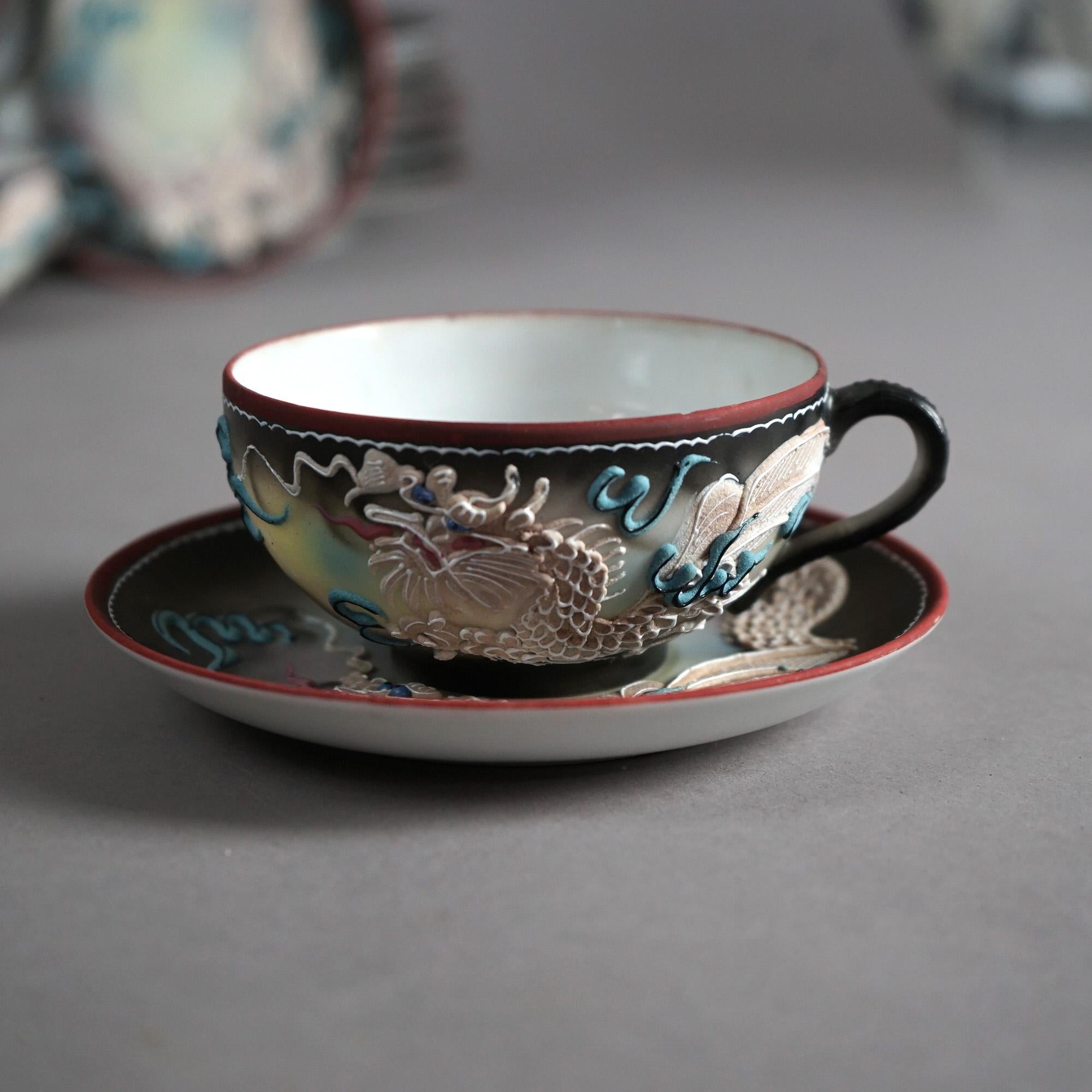 Hand-Painted Antique 19pc Japanese Nippon Moriage Eggshell Porcelain Dragonware Tea Set c1920 For Sale