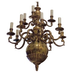 Antique 19th C 12 light Solid Brass Dutch Colonial Chandelier