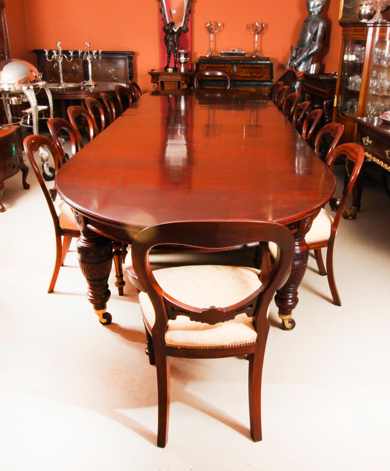 This is a beautiful dining set comprising an antique Victorian flame mahogany dining table, Circa 1880 in date, and a beautiful set of sixteen balloon back dining chairs.

This is a beautiful antique late Victorian flame mahogany extending dining