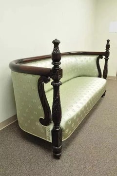 Antique 19th C American Empire Curved Rail Carved Mahogany Pineapple Finial Sofa