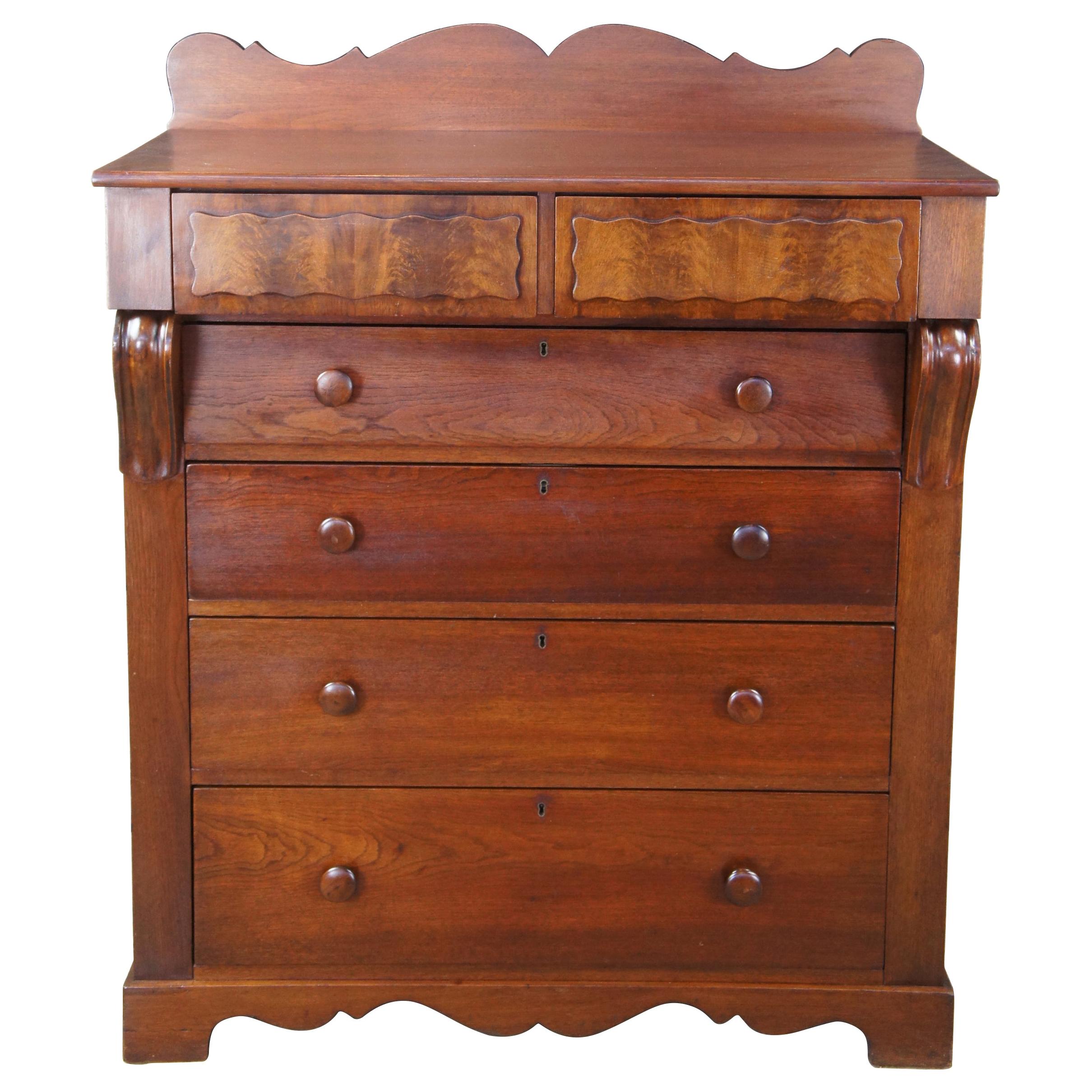 Antique 19th C. American Empire Flame Mahogany Tallboy Dresser