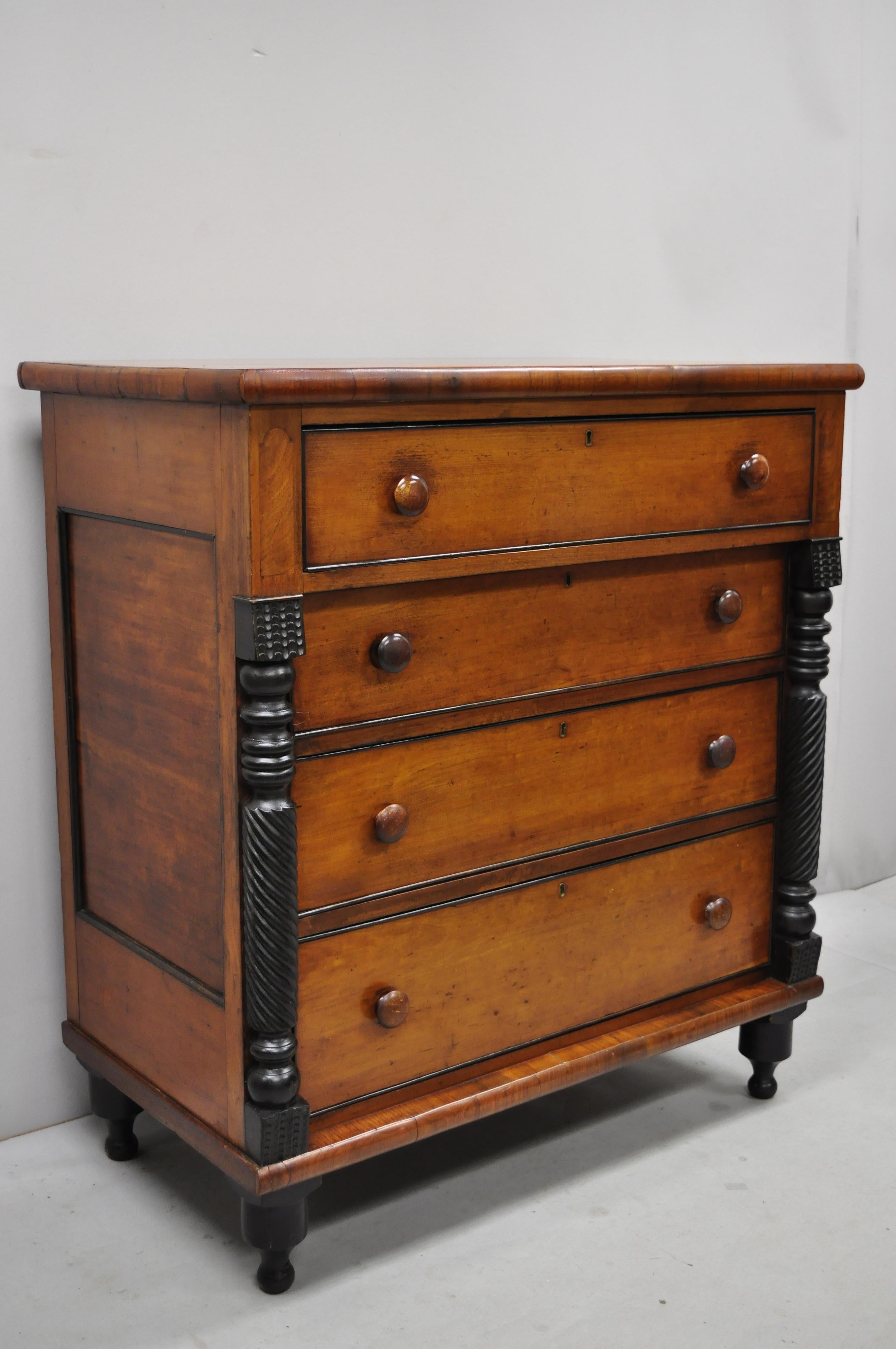 Late 19th century American Federal Sheraton mahogany Empire tall chest dresser. Item includes black painted accents, spiral carved columns, beautiful wood grain, no key, but unlocked, 4 dovetailed drawers, very nice antique item, quality American