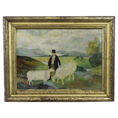 Antique 19th C. American Folk Art Oil Painting Pastoral Landscape Man with Sheep