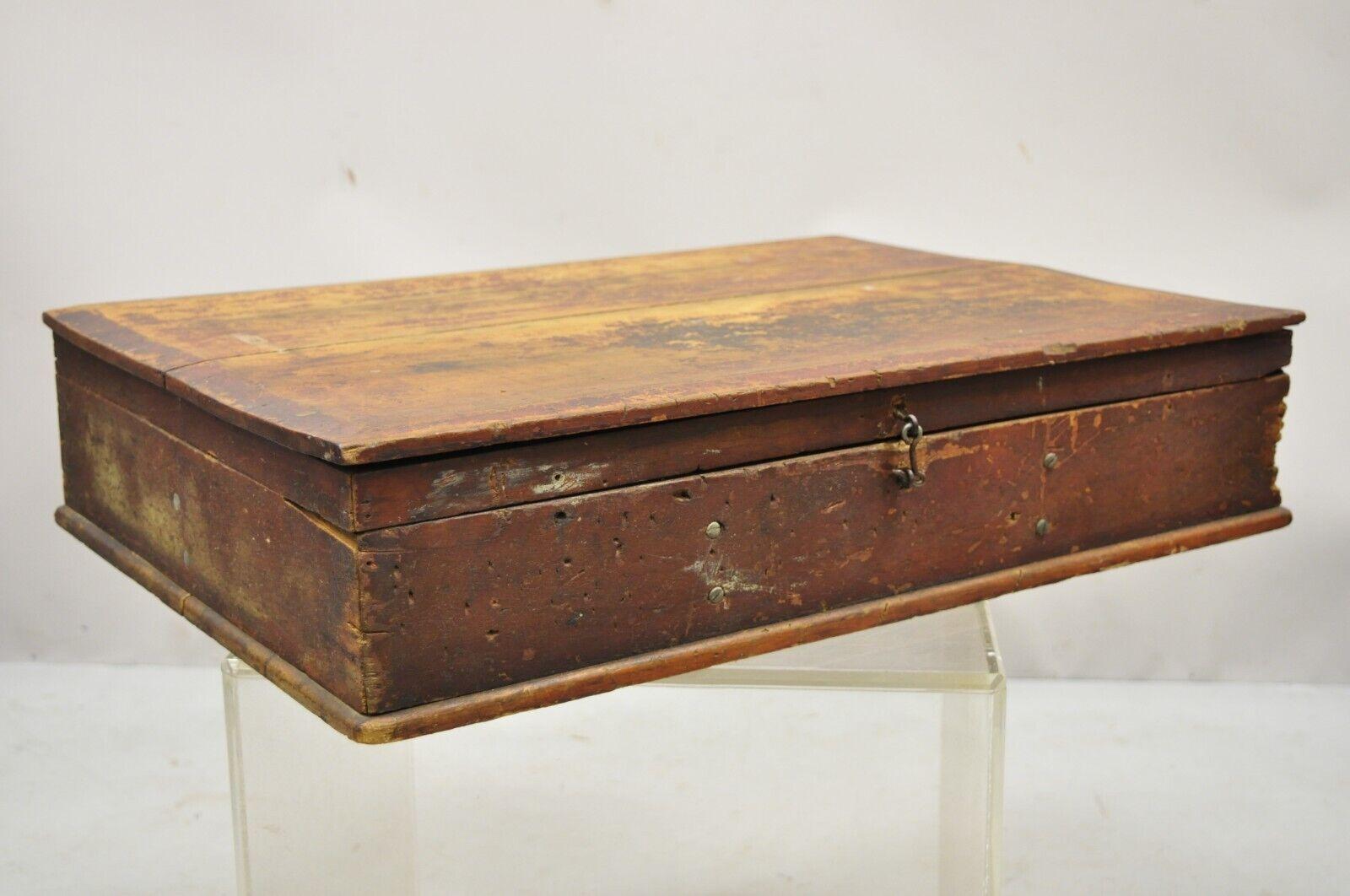 Antique 19th C American Primitive Wooden Distressed Paint Storage Tool Work Box For Sale 7