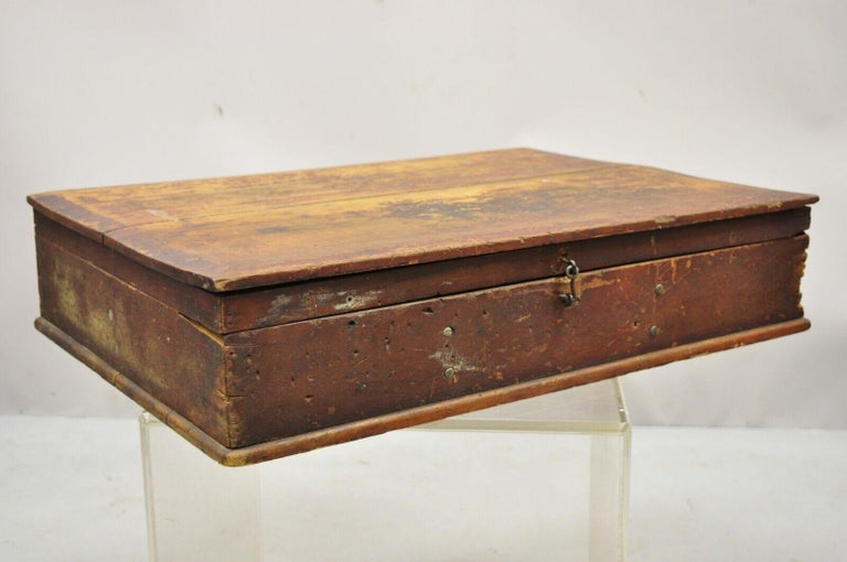 Antique 19th C American Primitive Wooden Distressed Paint Storage Tool Work Box For Sale 8