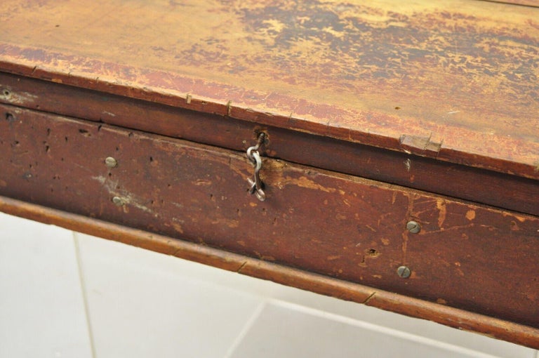 20th Century Antique 19th C American Primitive Wooden Distressed Paint Storage Tool Work Box For Sale
