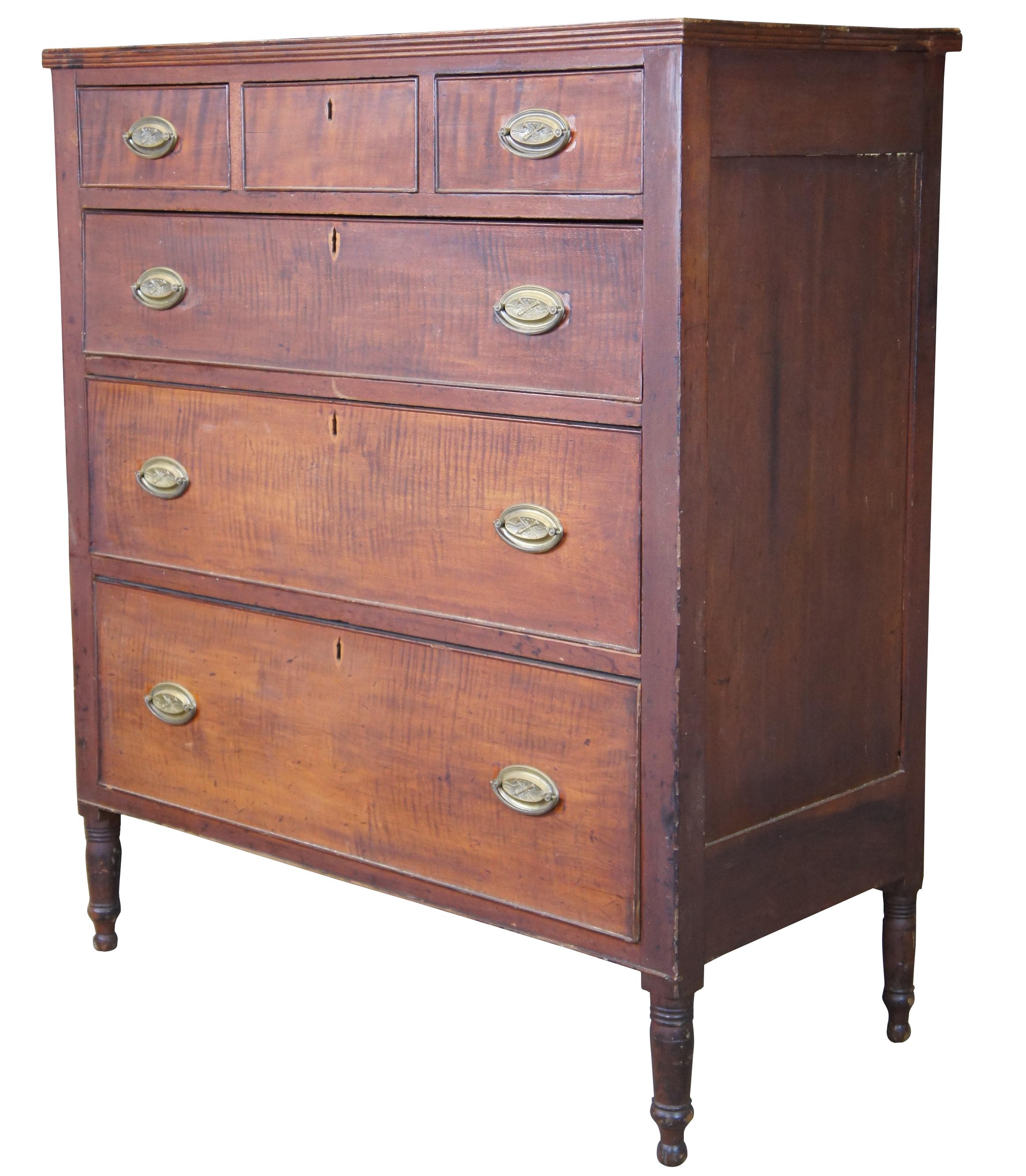 Antique 19th C. American Sheraton Flamed Birch Tallboy Chest Dresser Federal In Good Condition In Dayton, OH
