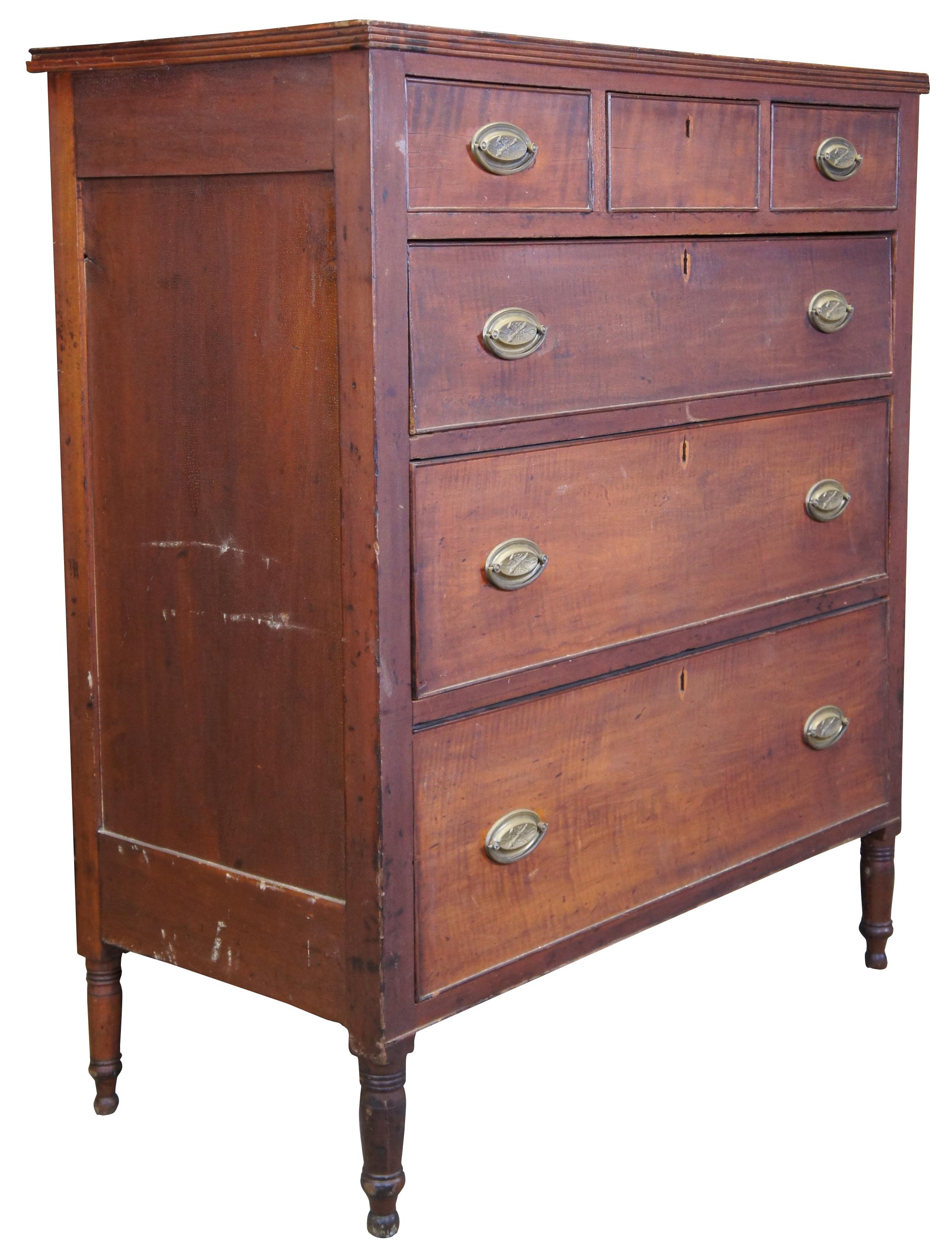 Mid-19th Century Antique 19th C. American Sheraton Flamed Birch Tallboy Chest Dresser Federal
