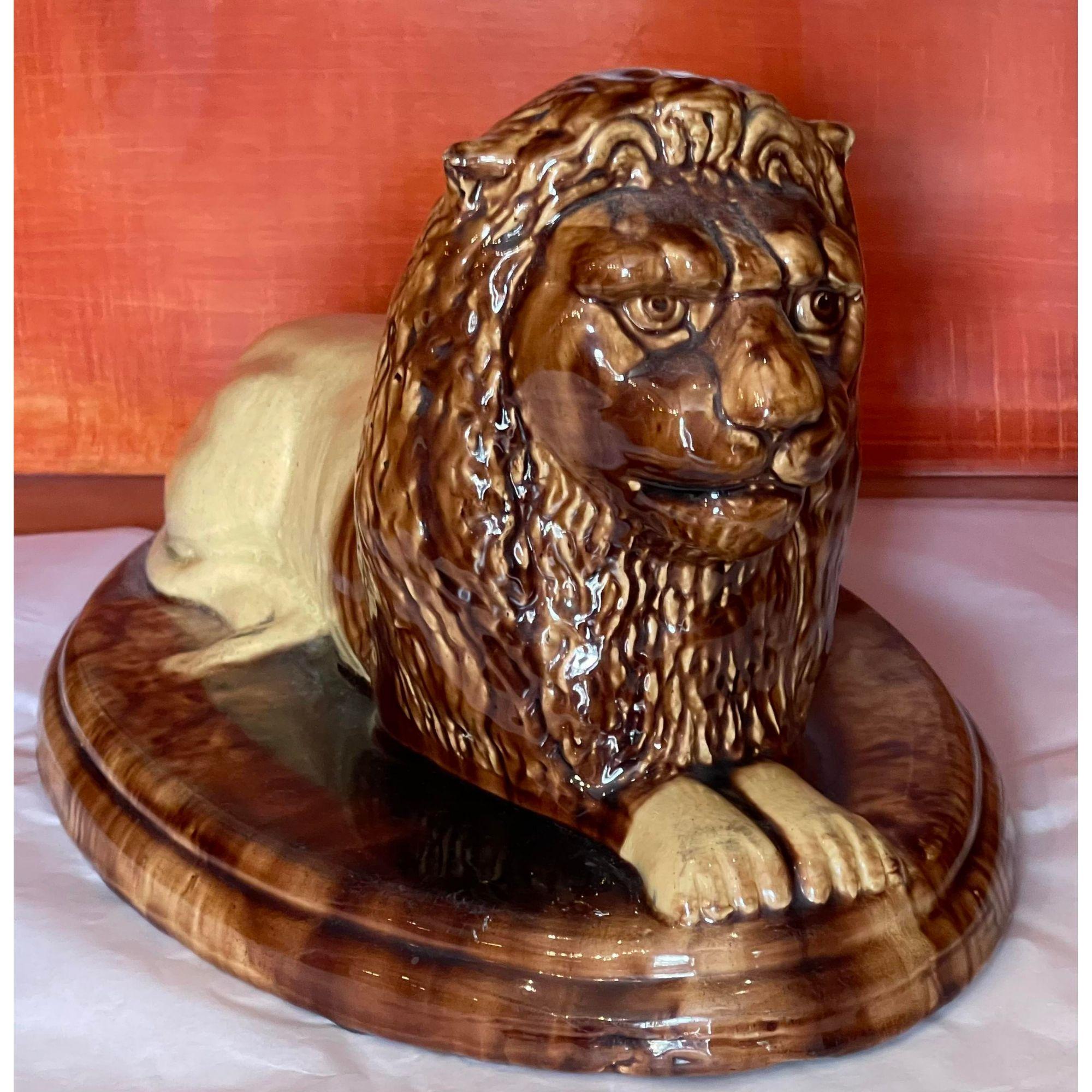 American Colonial Antique 19th Century American Yellow-Ware Pottery Recumbent Lion Sculpture For Sale