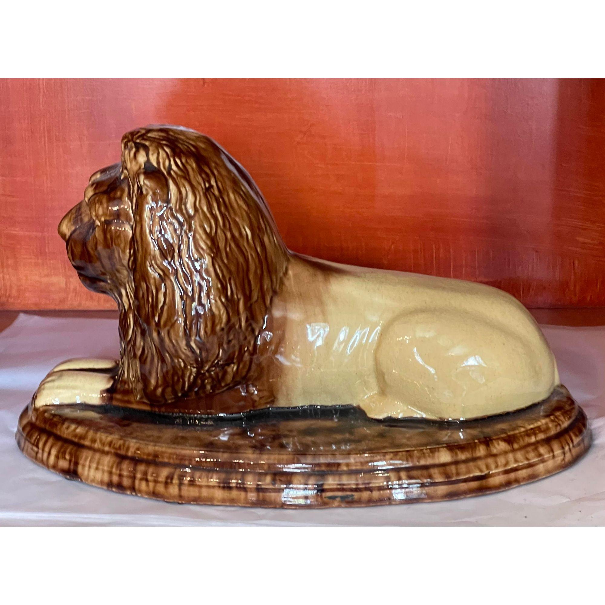Antique 19th Century American Yellow-Ware Pottery Recumbent Lion Sculpture For Sale 1