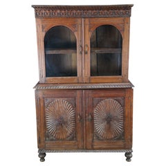 Antique 19th C. Anglo Indian Carved Teak Library Bookcase China Cabinet Hutch
