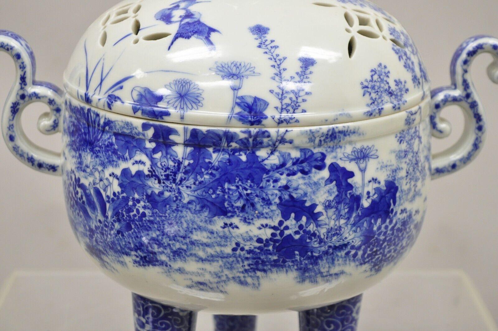 Antique 19th C Blue and White Chinese Porcelain Footed Incense Burner For Sale 7