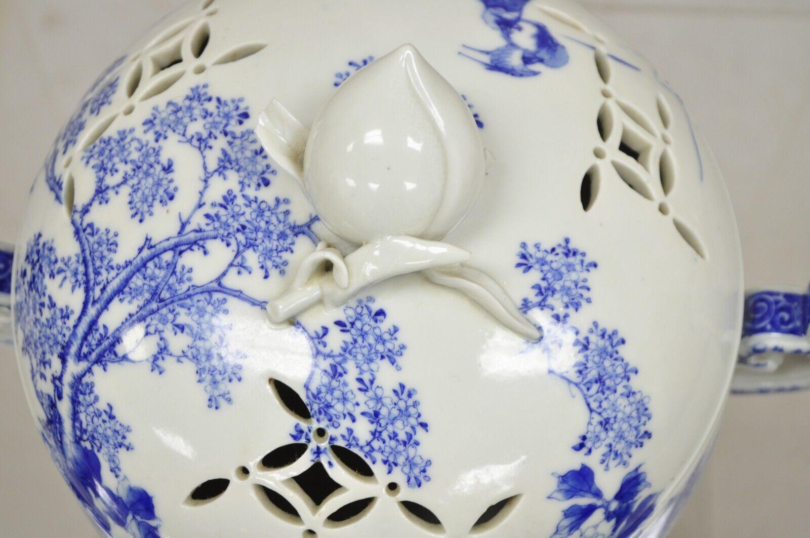 Chinese Export Antique 19th C Blue and White Chinese Porcelain Footed Incense Burner For Sale