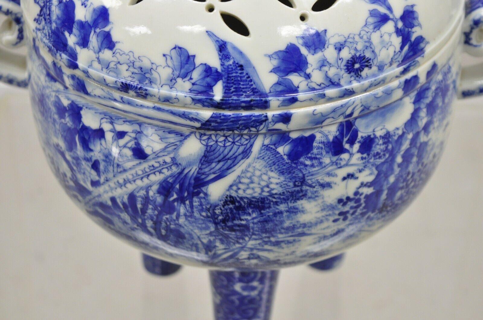 19th Century Antique 19th C Blue and White Chinese Porcelain Footed Incense Burner For Sale