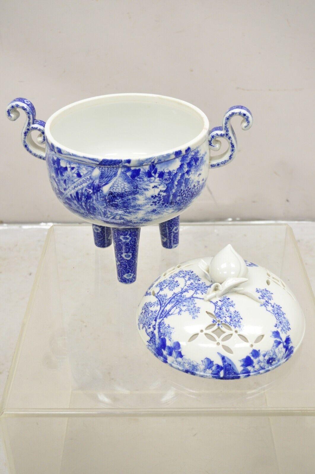 Antique 19th C Blue and White Chinese Porcelain Footed Incense Burner For Sale 3