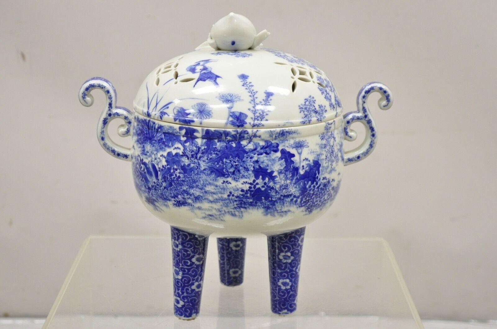 Antique 19th C Blue and White Chinese Porcelain Footed Incense Burner For Sale 4