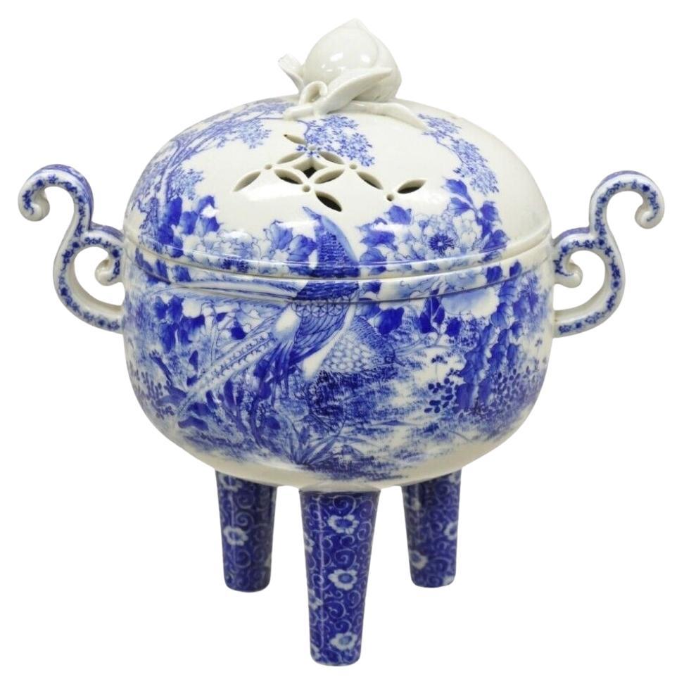 Antique 19th C Blue and White Chinese Porcelain Footed Incense Burner For Sale