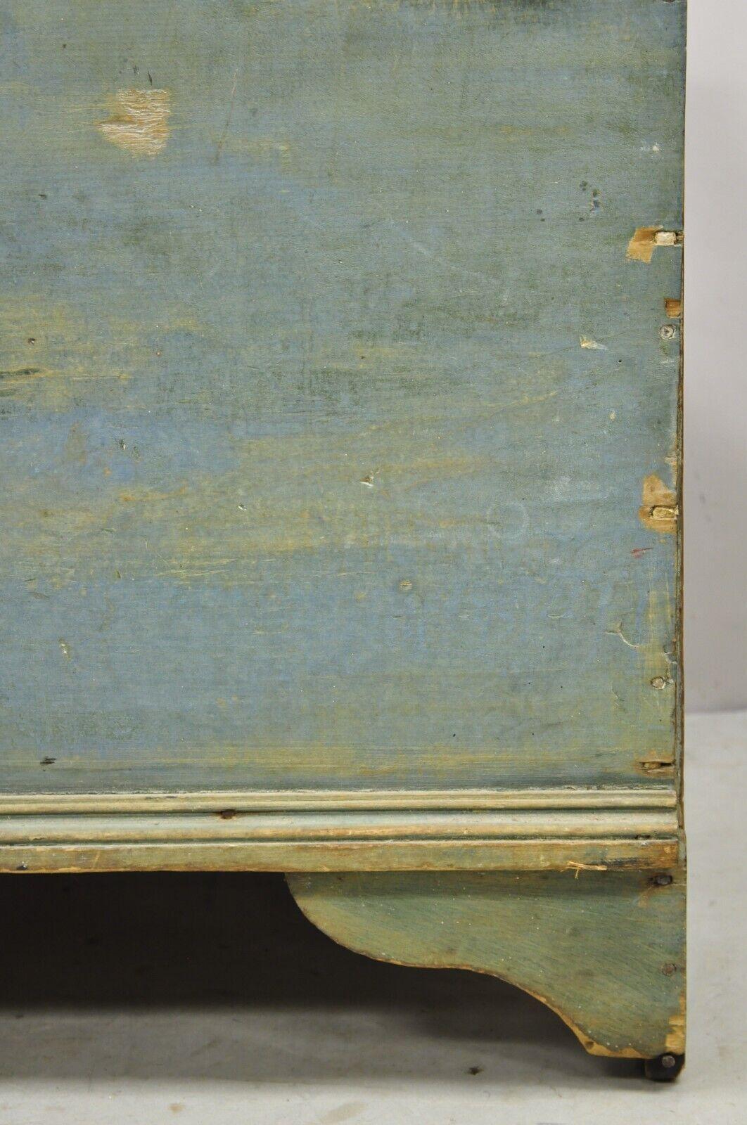 Antique 19th C Blue Green American Country Colonial Painted Blanket Chest Trunk 5