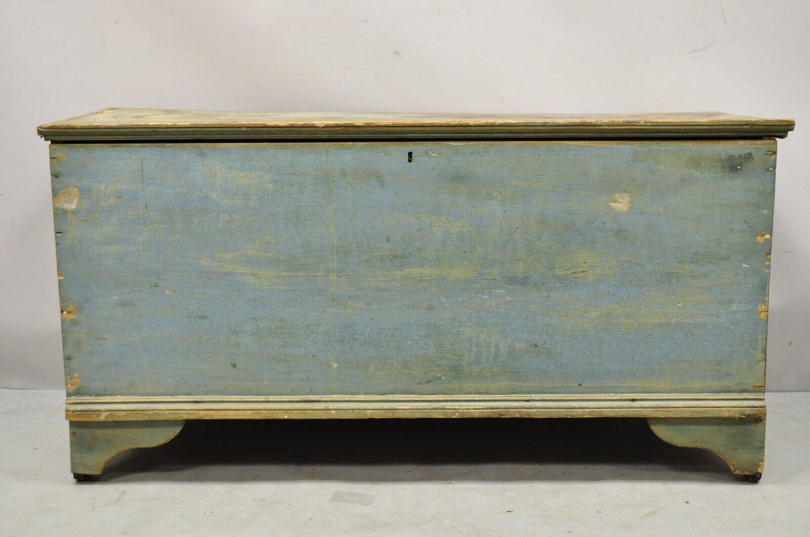 Antique 19th century blue green American Country Colonial Painted Blanket Chest Trunk. Item features solid wood construction, blue/green distressed finish, no key but unlocked, very nice antique item, quality American craftsmanship, great style and
