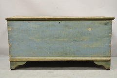 Antique 19th C Blue Green American Country Colonial Painted Blanket Chest Trunk