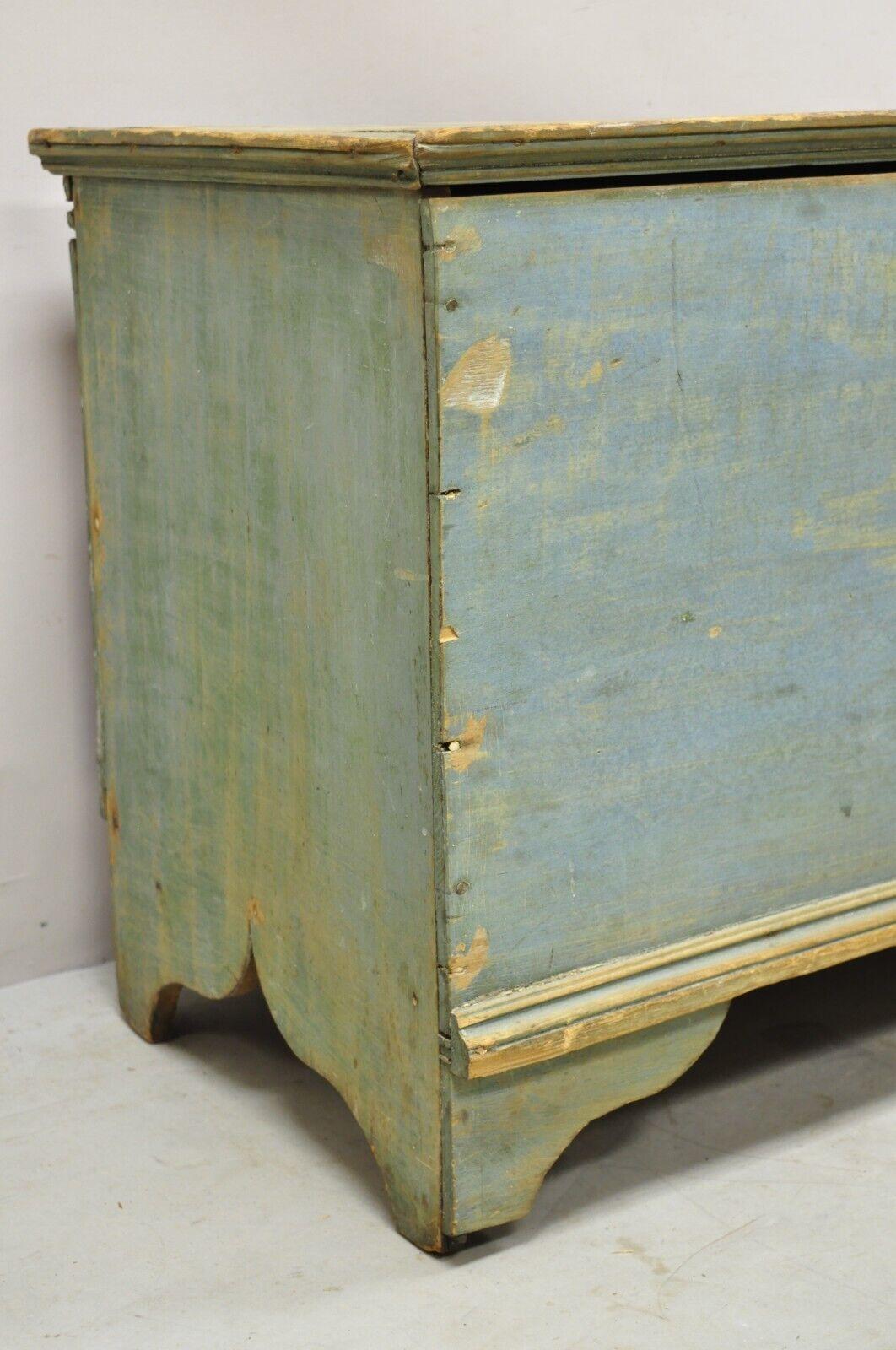 Primitive Antique 19th C Blue Green American Country Colonial Painted Blanket Chest Trunk