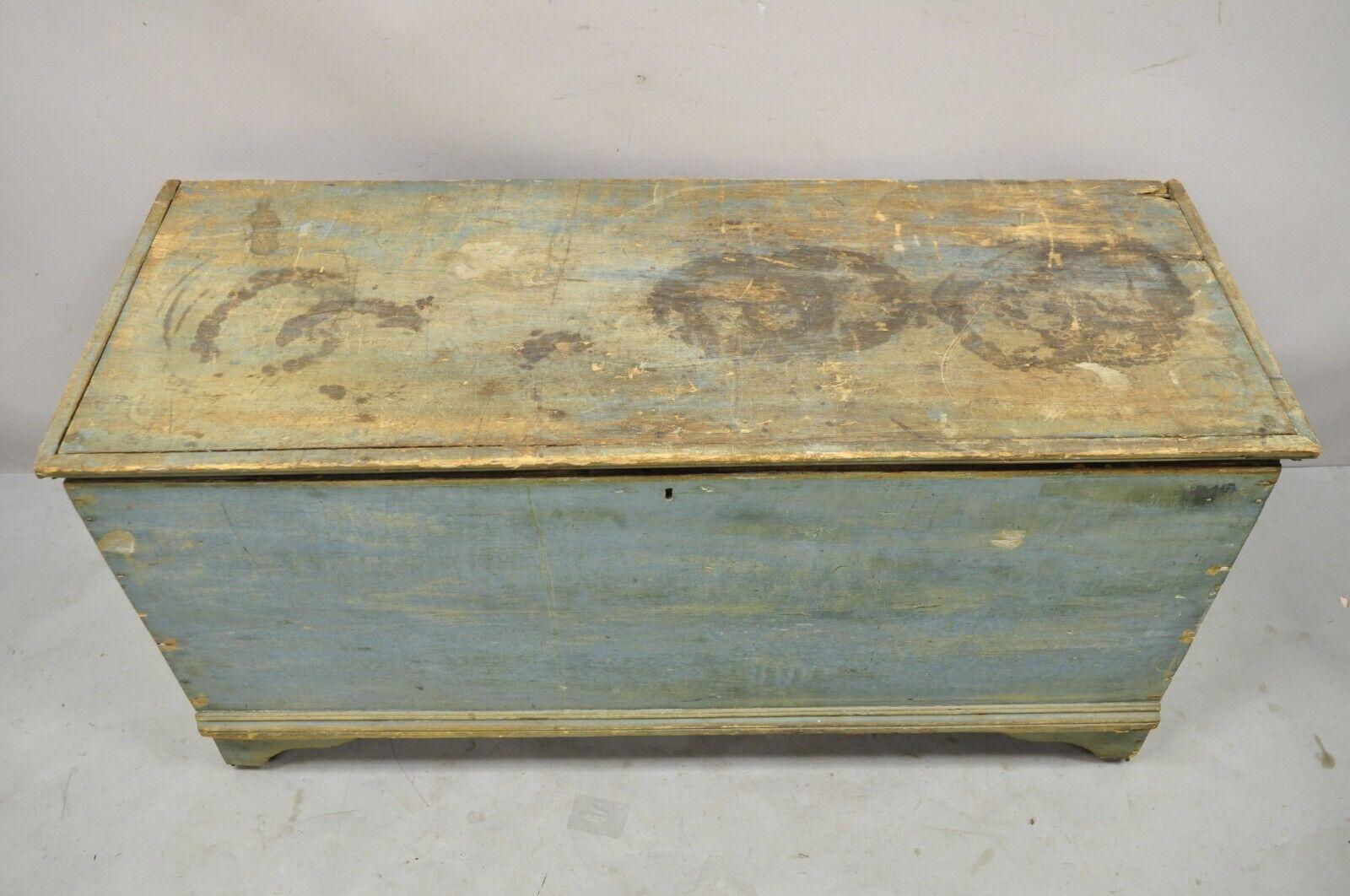 19th Century Antique 19th C Blue Green American Country Colonial Painted Blanket Chest Trunk