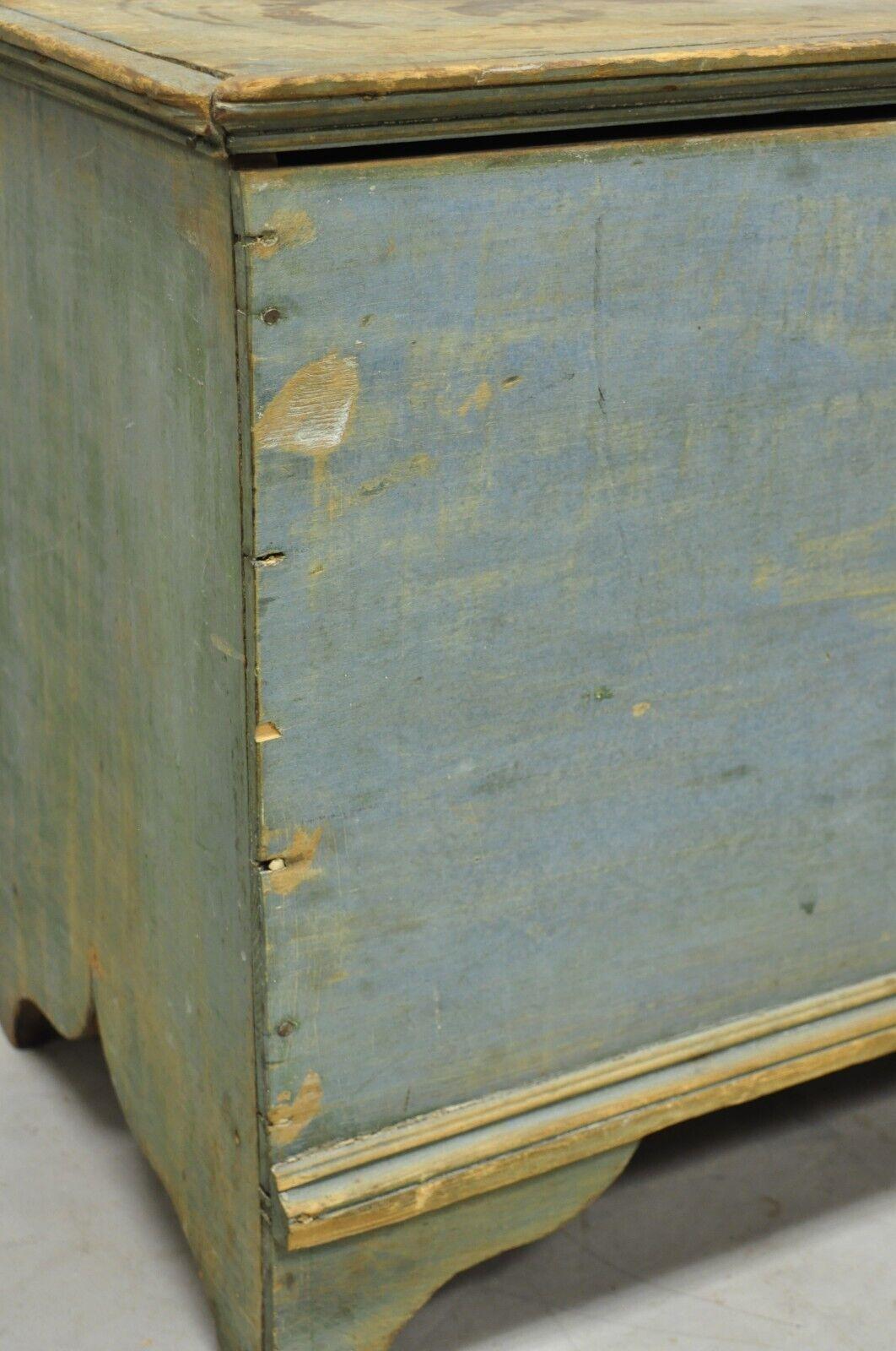 Antique 19th C Blue Green American Country Colonial Painted Blanket Chest Trunk 3