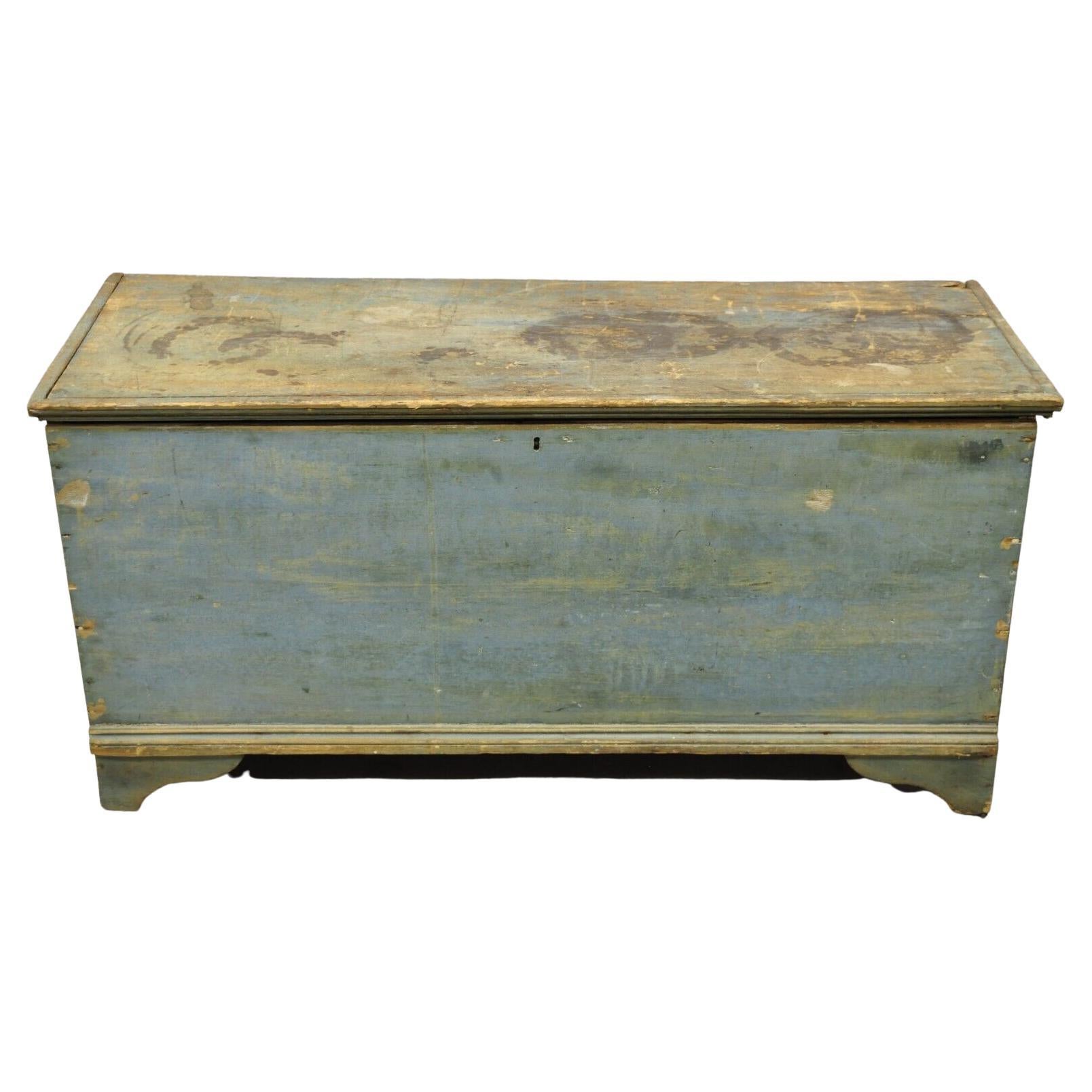 Antique 19th C Blue Green American Country Colonial Painted Blanket Chest Trunk