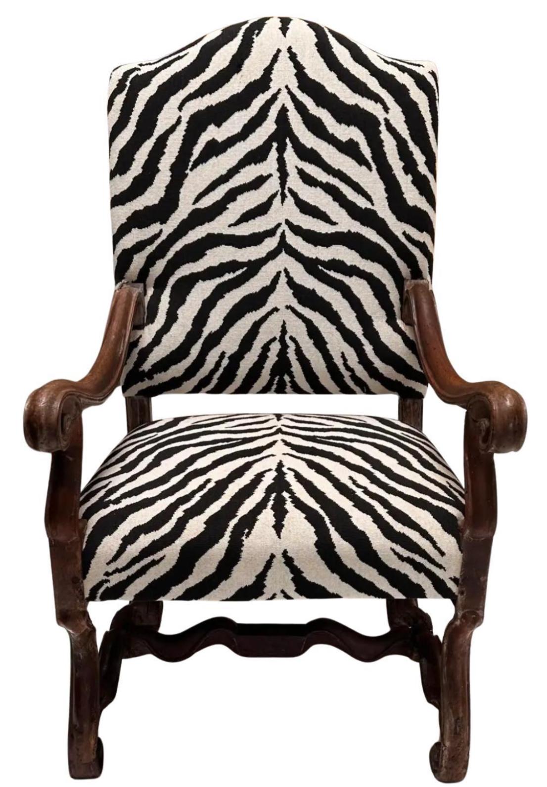 Antique 19th C Carved Walnut Os De Mouton Throne Chair W Zebra Velvet.