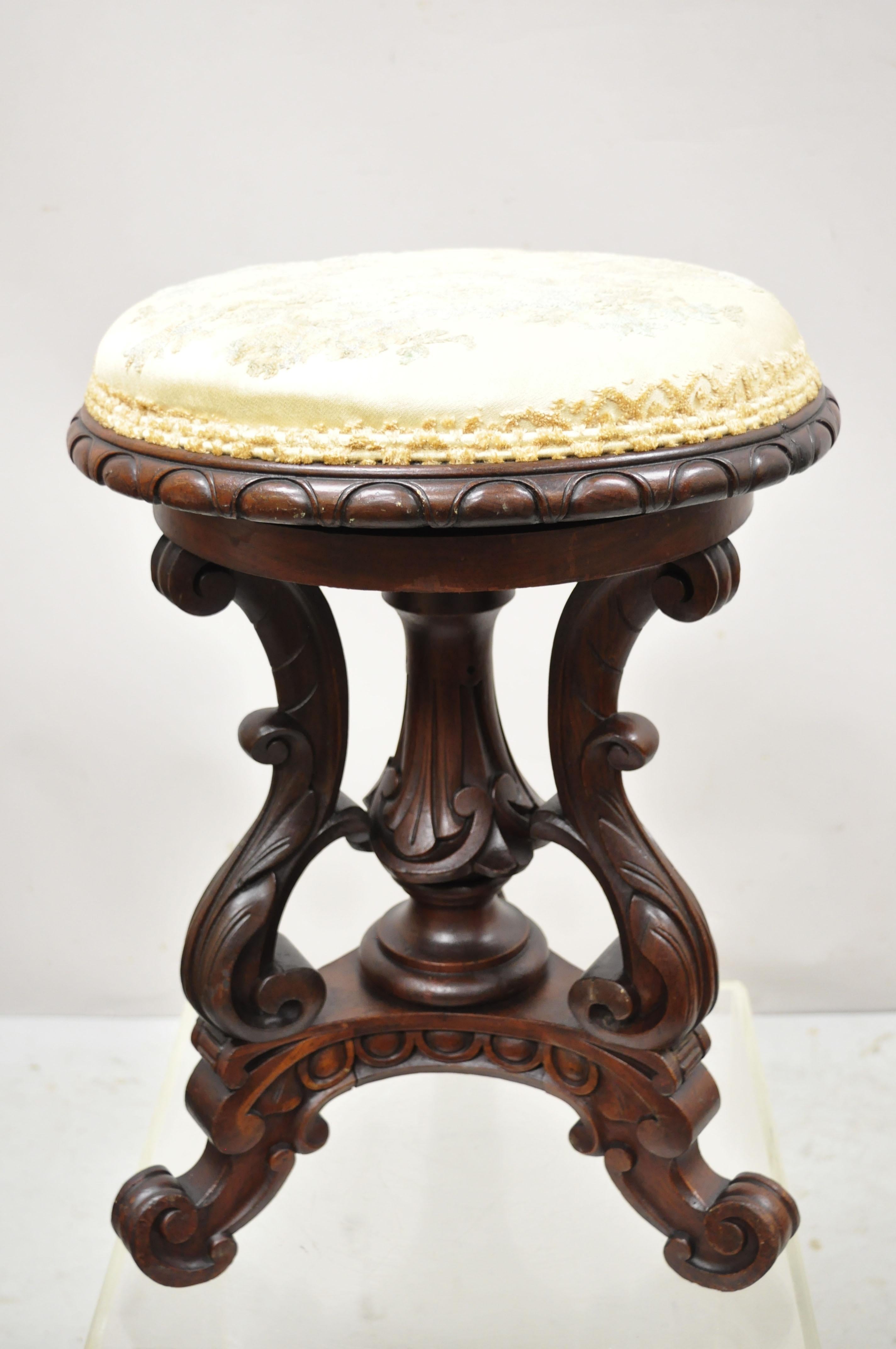 Antique 19th C. Carved Walnut Victorian Adjustable Height Pedestal Base Stool For Sale 6