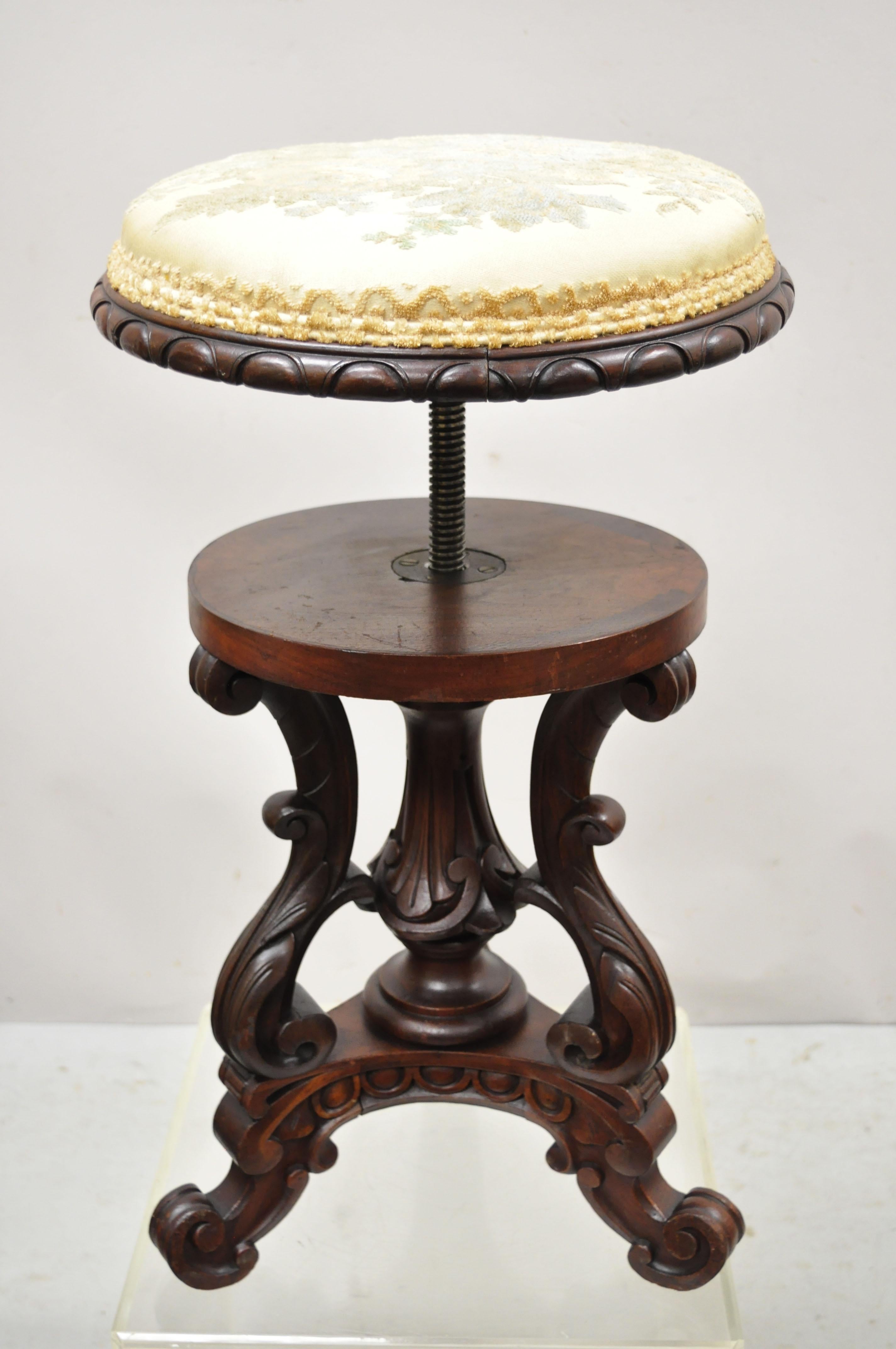 Antique 19th C. Carved Walnut Victorian Adjustable Height Pedestal Base Stool For Sale 7