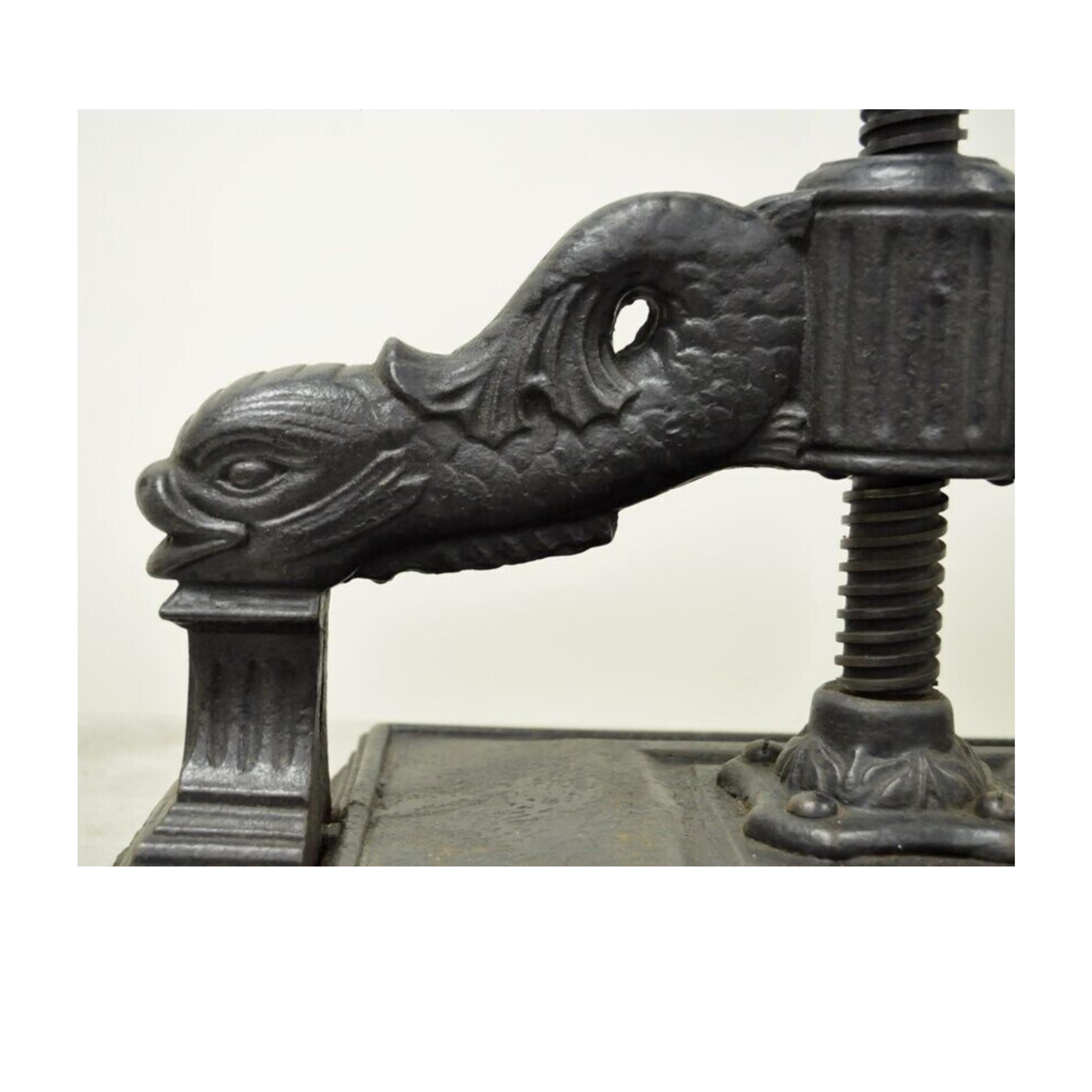 Antique 19th C. Cast Iron Classical Figural Dolphin Victorian Book Press In Good Condition For Sale In Philadelphia, PA