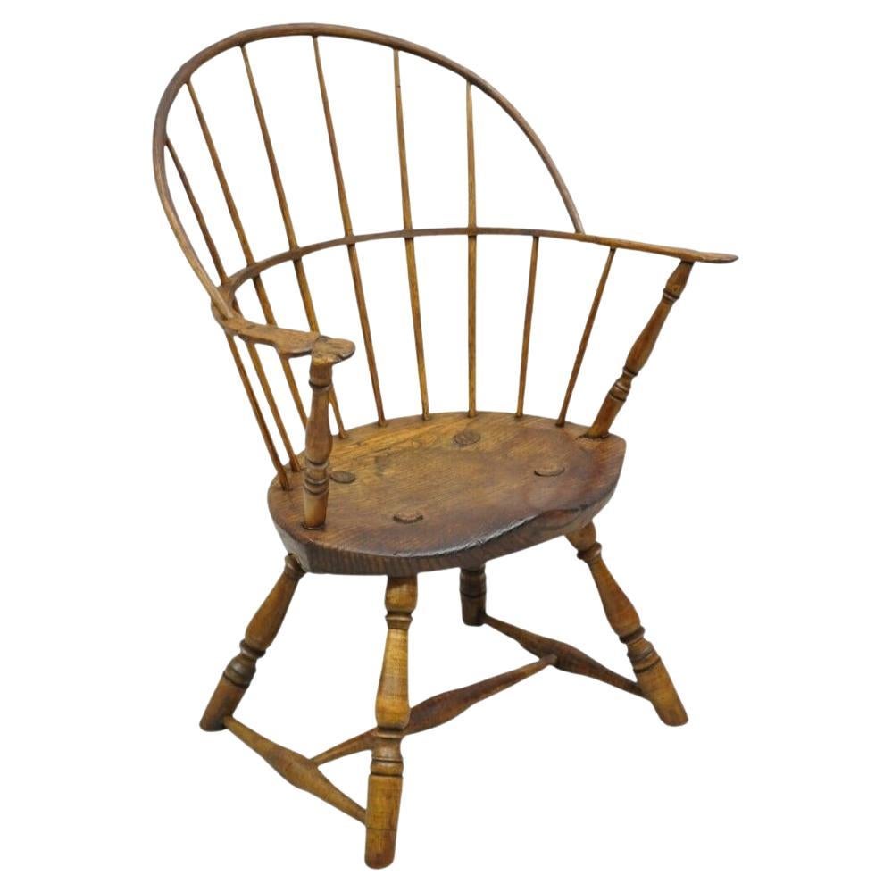 Antique 19th C Chestnut & Oak Wood Primitive Small Bowed Windsor Arm Chair For Sale