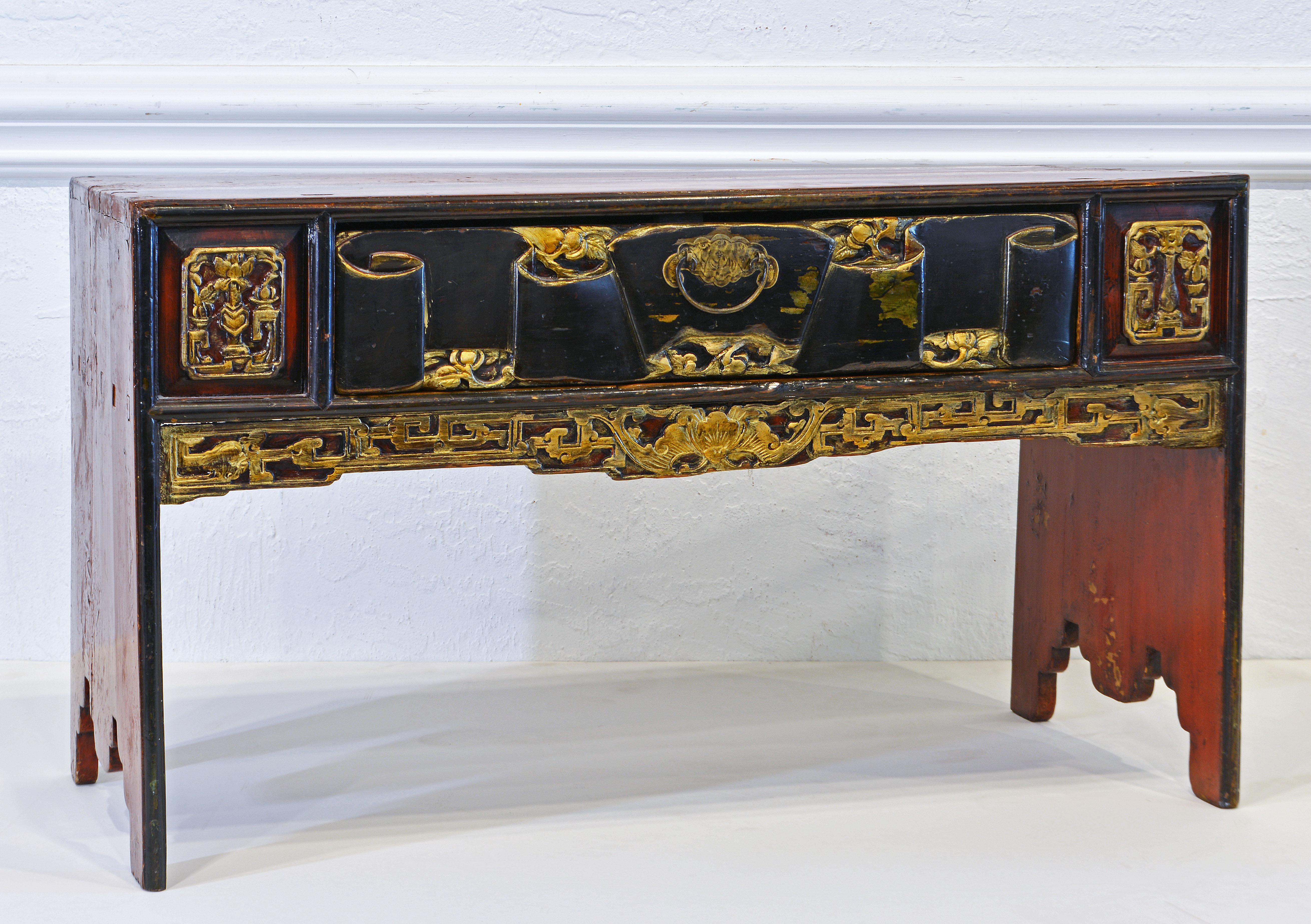 Brass Antique 19th C. Chinese Carved Lacquer and Gilt Altar and Dislay Table