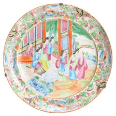Antiguo XIX c Porcelana China Cantonesa Figuras Plato Qing Daoguang