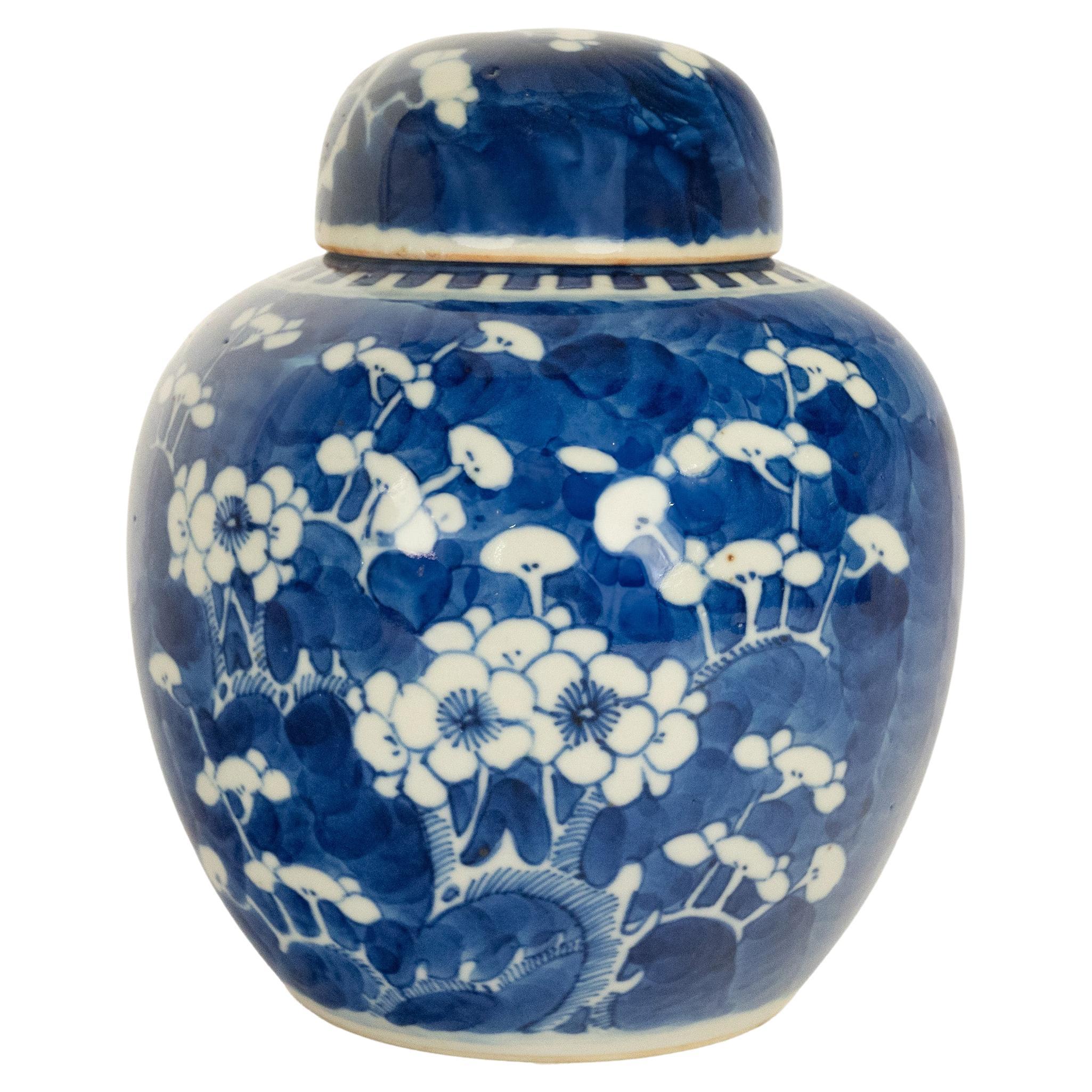 Un bon pot à gingembre antique en porcelaine chinoise bleu et blanc de la dynastie des Whiting et son couvercle, vers 1850.
La jarre et le couvercle sont finement peints à la main avec un motif de prunus en fleurs. La jarre porte une marque