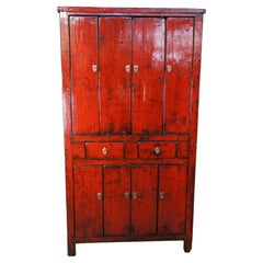 Antique 19th C. Chinese Red Lacquer Elm Armoire Wardrobe Linen Press Cabinet 89"
