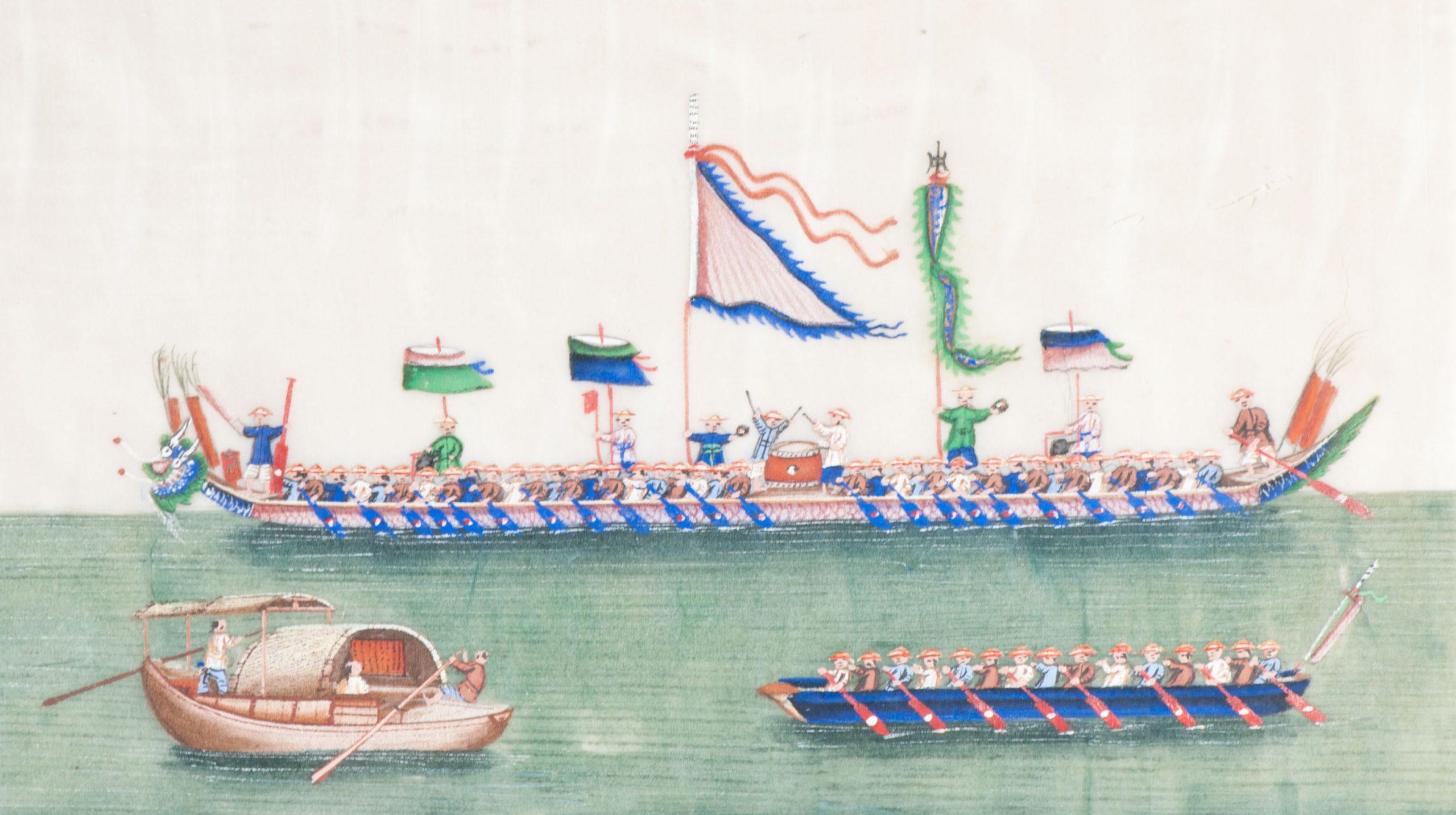 Antico dipinto di riso cinese del XIX secolo raffigurante una scena di barca a forma di drago Assoluto top qua In condizioni buone in vendita a Amsterdam, Noord Holland