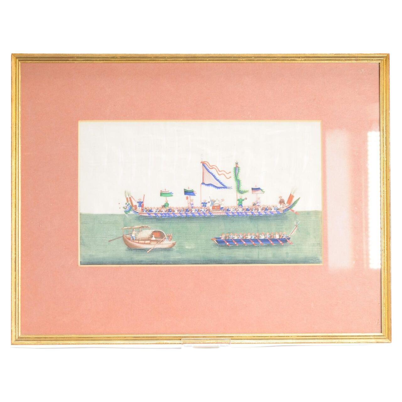 Antique 19th c Chinese Rice paintings of a dragon boat scene Absolute top qua