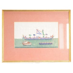 Antique 19th c Chinese Rice paintings of a dragon boat scene Absolute top qua