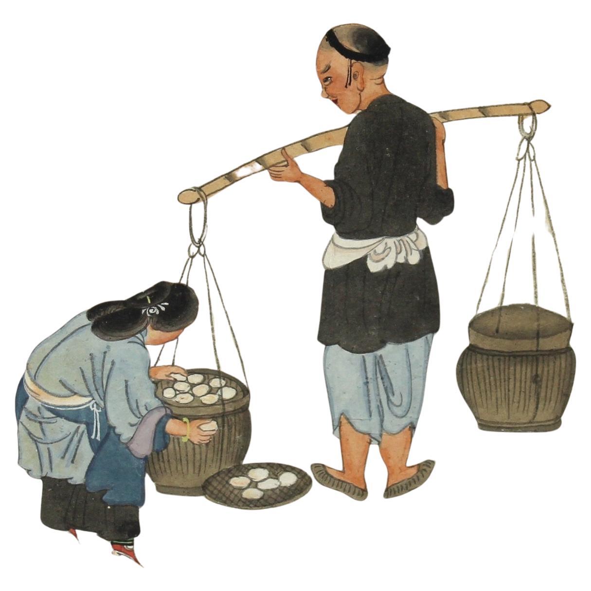 Antique 19th c Chinese Water Color painting of a Egg Seller 19th c Qing Dynasty For Sale