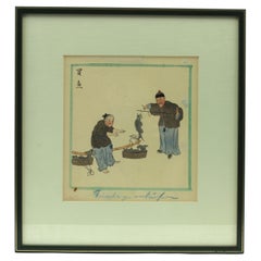 Antique 19th c Chinese Water Color painting of a FIsh Vendor 19th c Qing Dynasty