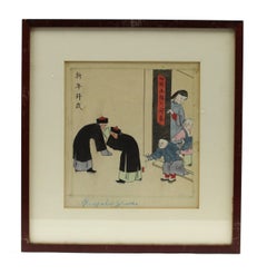 Antique 19th c Chinese Water Color painting of Spring Festival 19th c Qing Dy