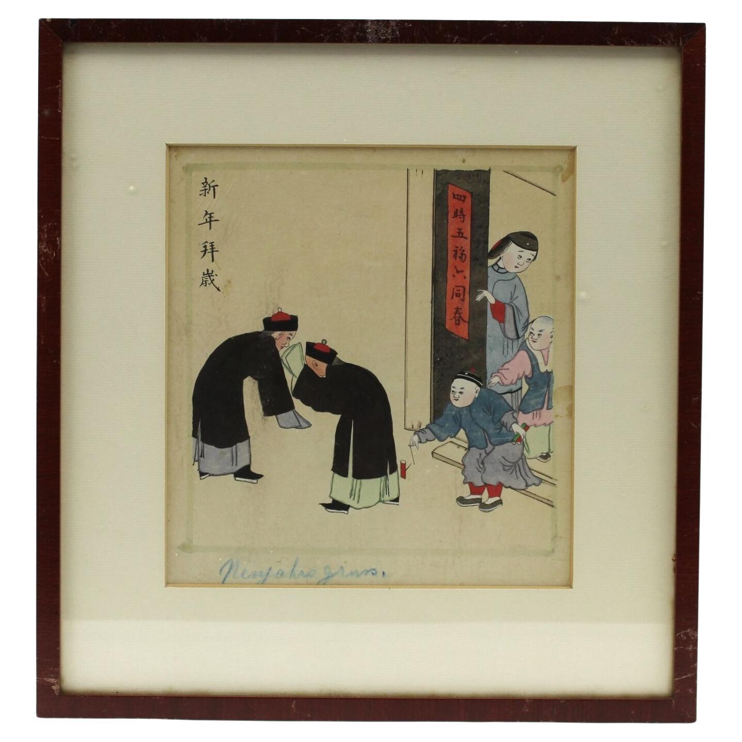 Antique 19th c Chinese Water Color painting of Spring Festival 19th c Qing Dy