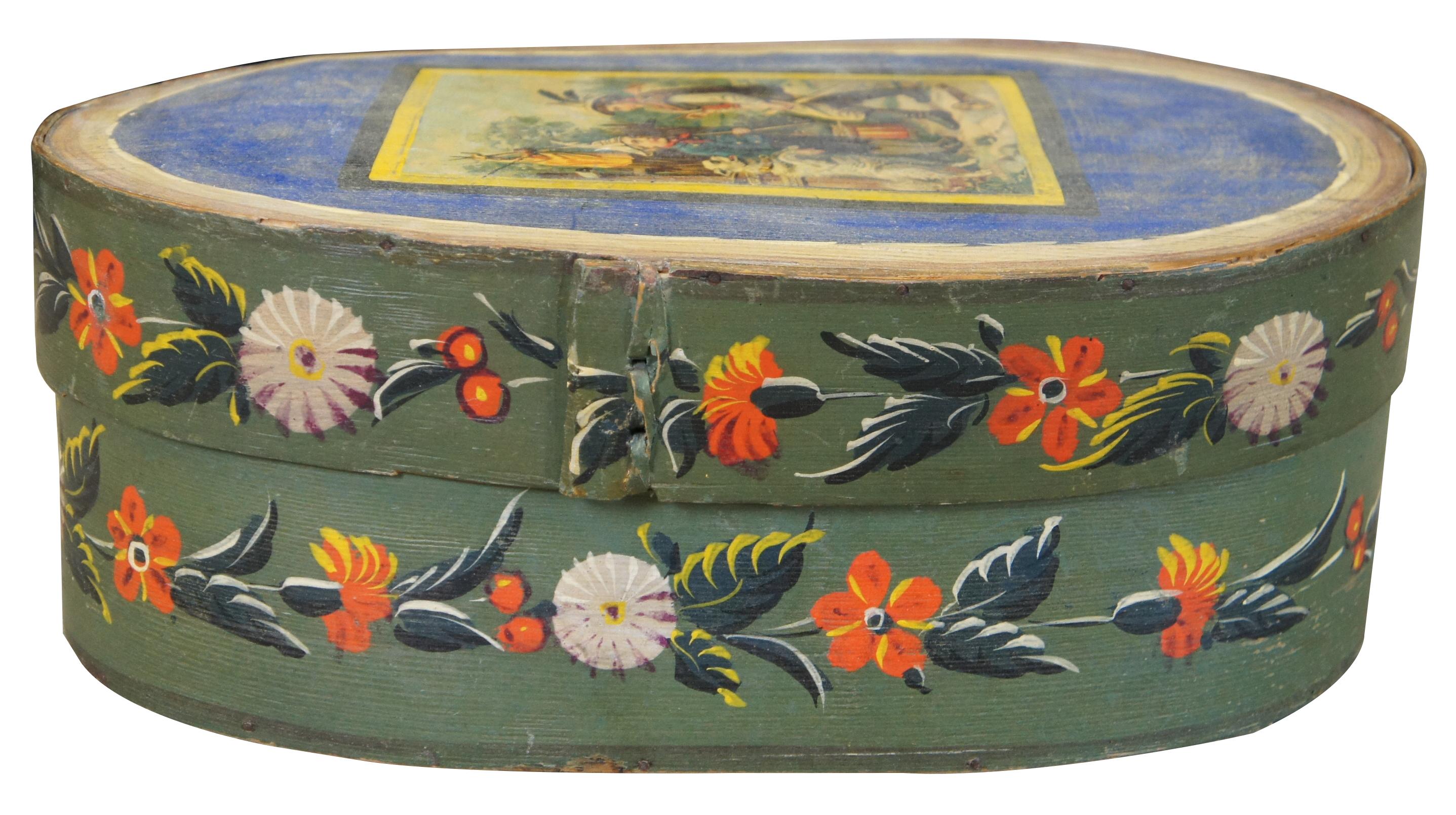 Antique 19th century bentwood Folk Art bride's box featuring painted Colonial scene of the Little Recuit; a boy and his dog standing outside of a fort taking orders from the child general. Accented with floral banding. Measure: 17