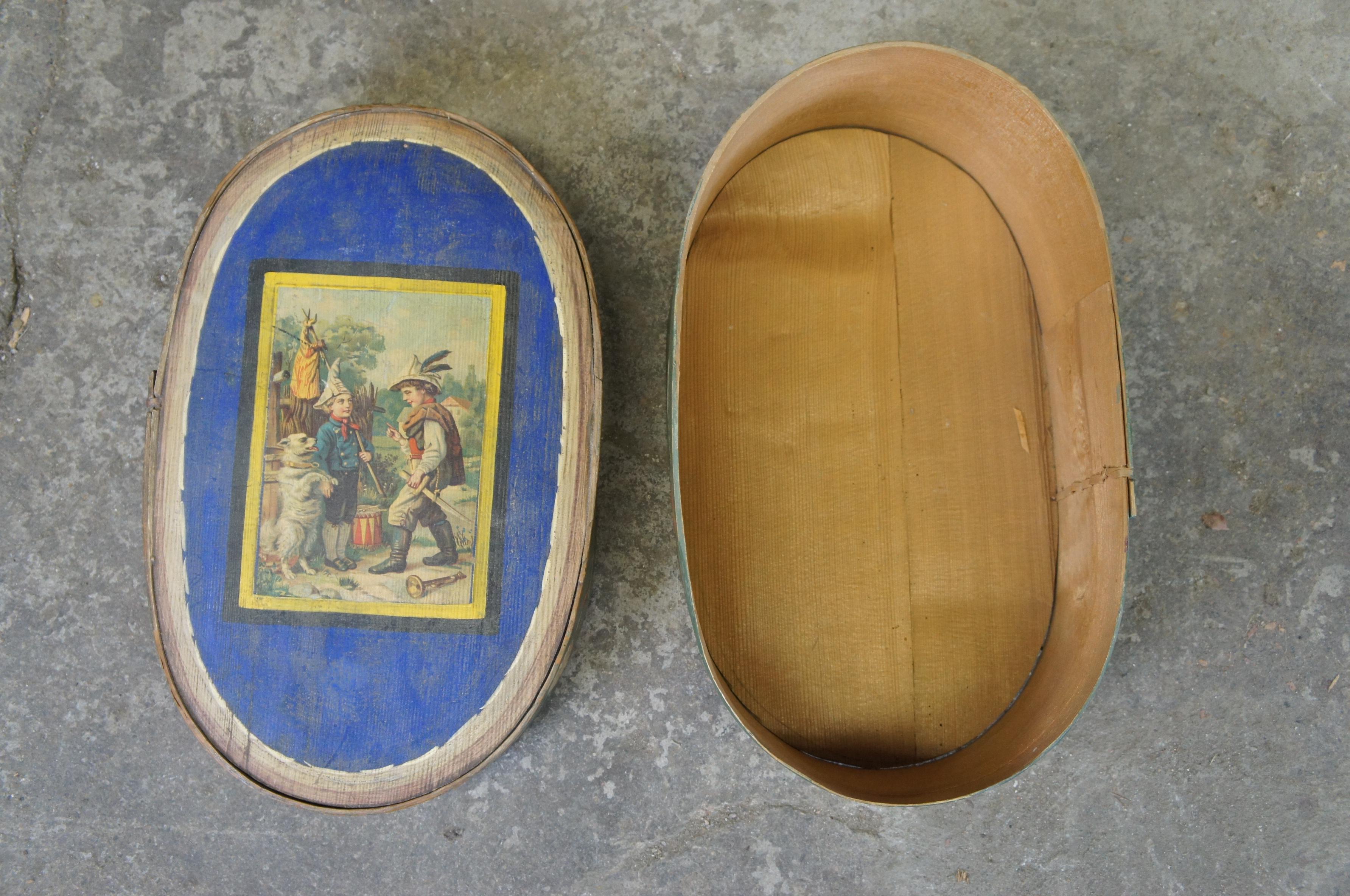 Bentwood Antique 19th C Colonial Folk Art Oval Painted Wood Brides Box Little Recruit