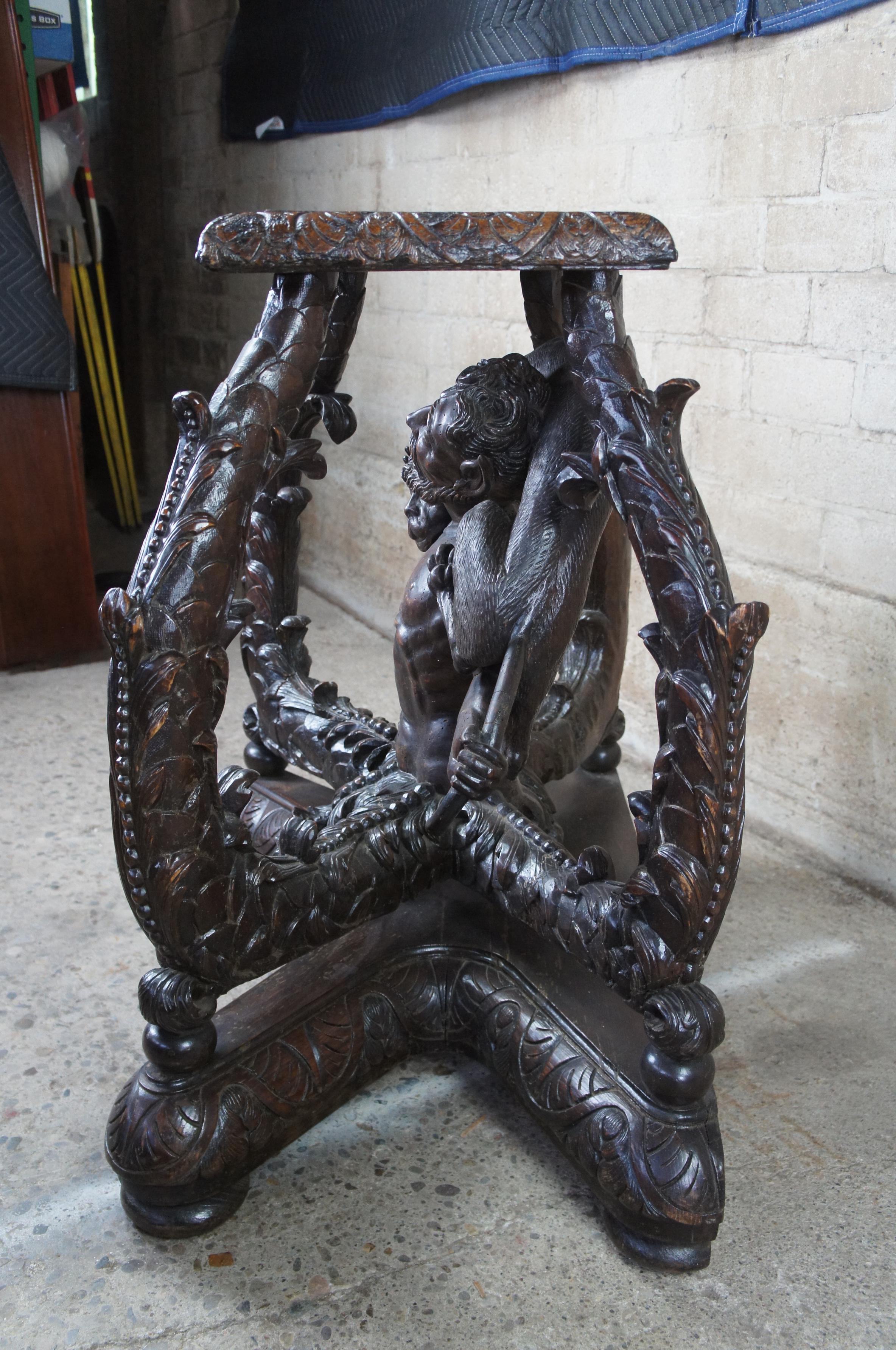 Antique 19th C. Continental Oak Figural Carved Pedestal Table Stand Man Panther For Sale 3